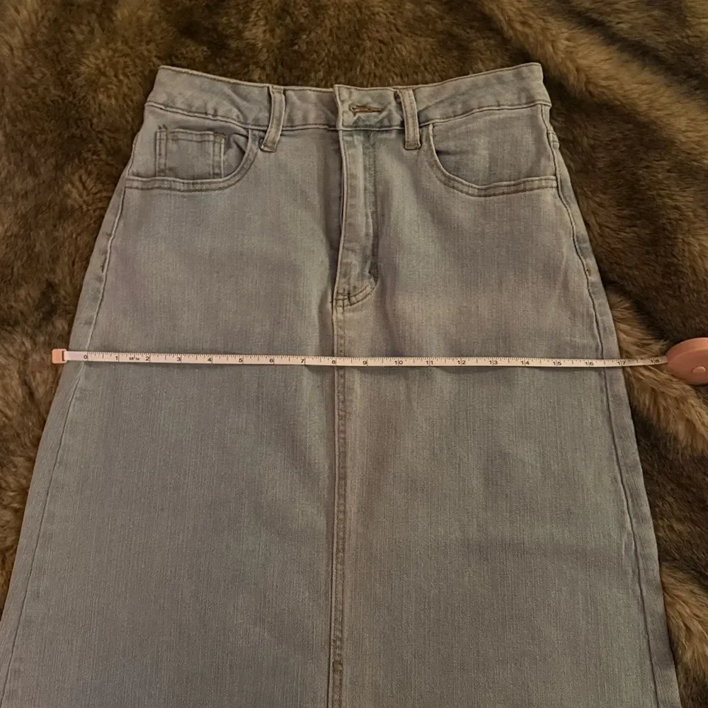 Light Blue Stretch Denim Midi Skirt